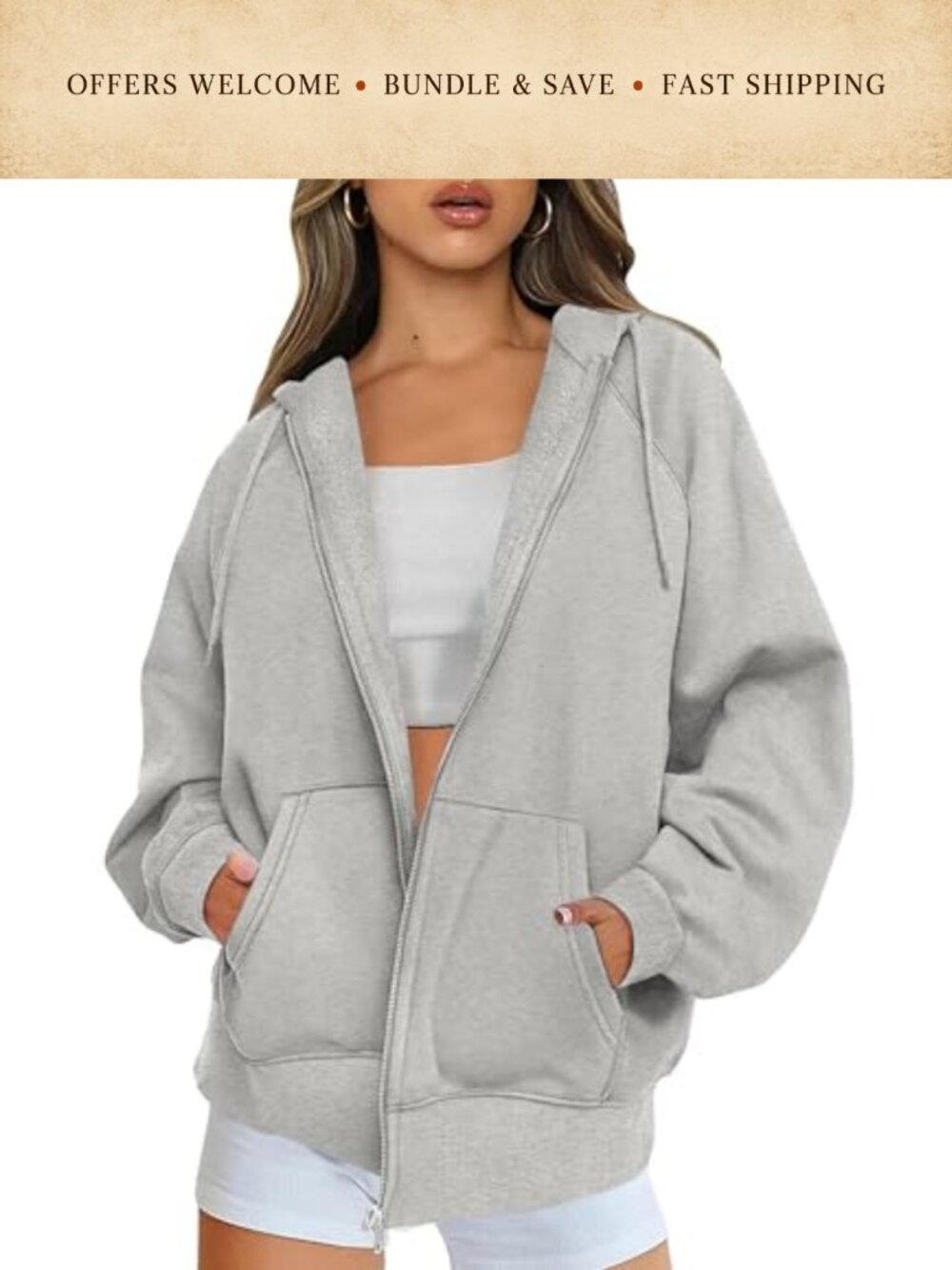 Women's Oversized Zip Up Hoodie Fleece Lined Kangaroo Pocket